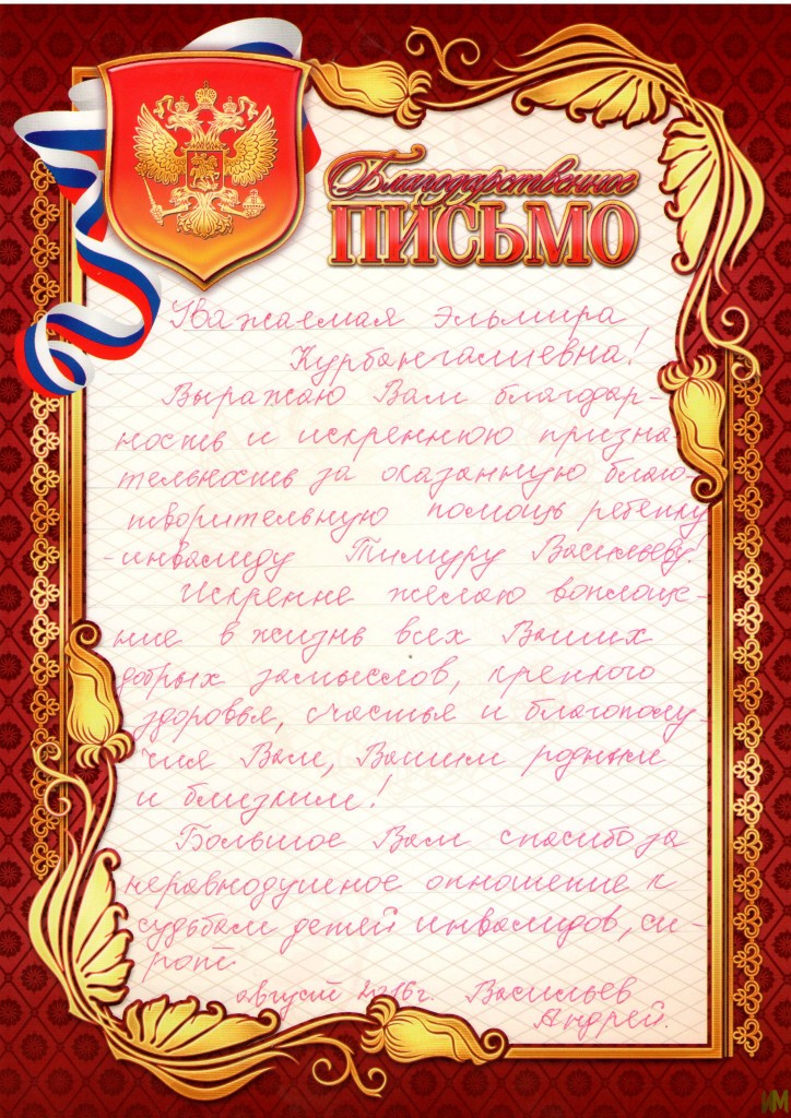 Благодарственное письмо фонду от семьи Васильева Тимура